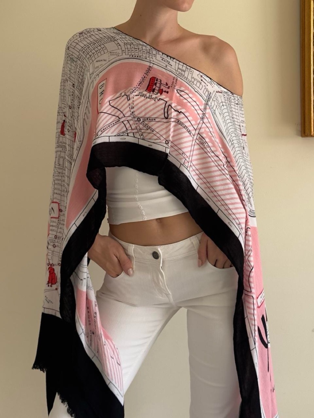 kate spade poncho top Pink, Black and White Map-Print Silk Wrap Scarf